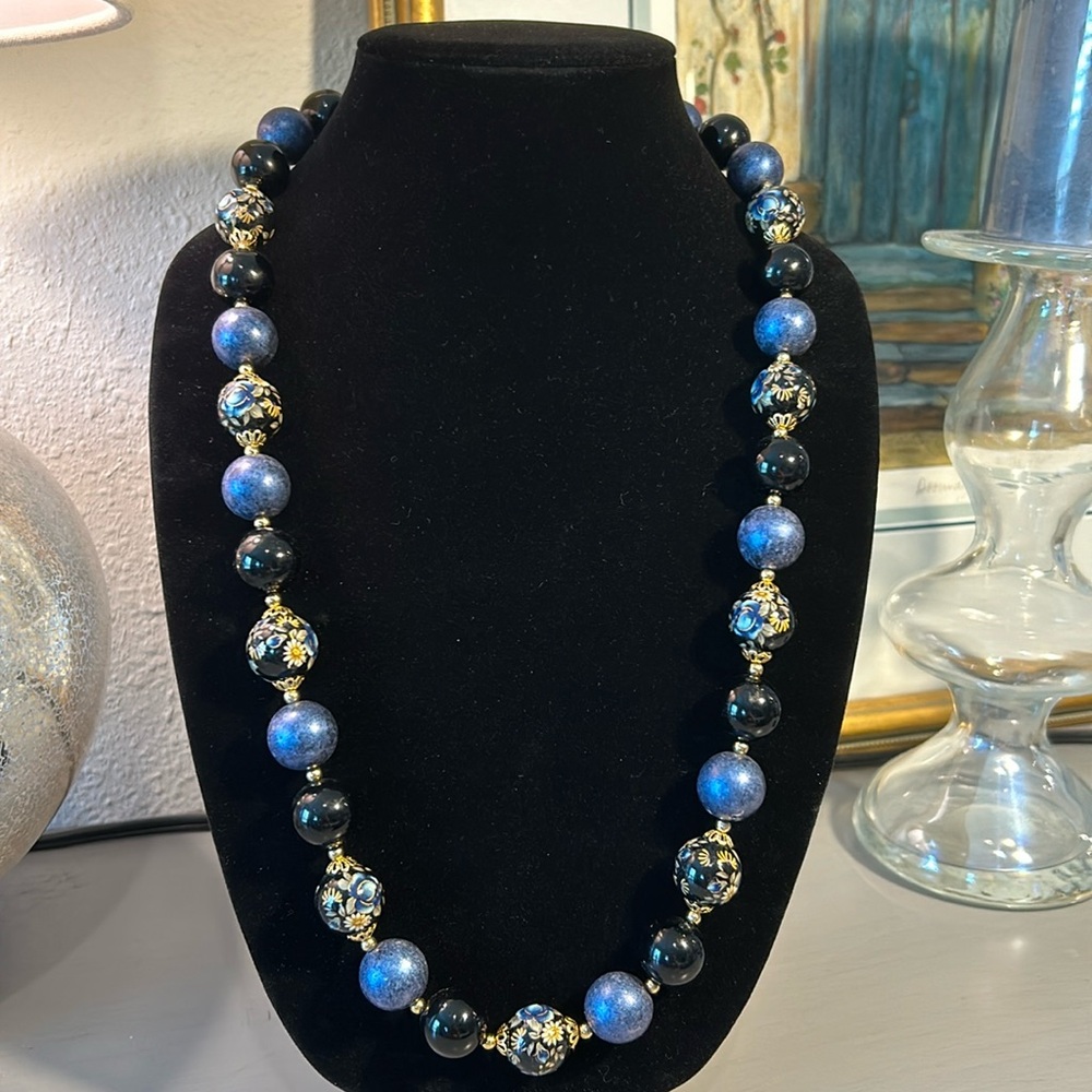 Stunning Blue Vintage Cloisonné Beaded Necklace, Signed Japan.